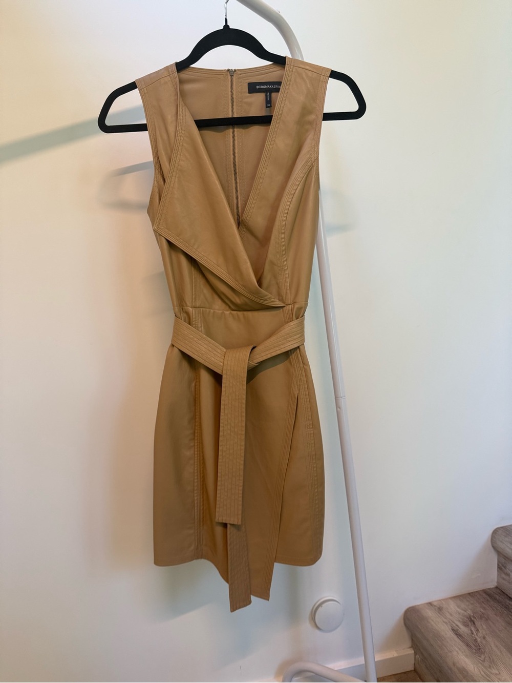 BCBGMAXAZRIA Camel Faux Leather Wrap Dress Sz XS